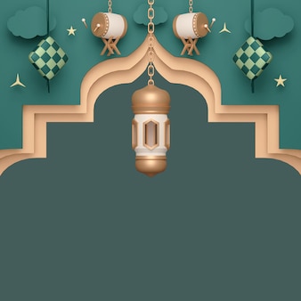 Islamischer display-dekorationshintergrund mit arabischer laterne bedug drum und ketupat