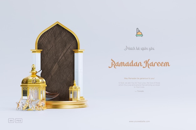 Kostenlose PSD islamischer ramadan-grußhintergrund mit 3d-podium-moschee und islamischen halbmond-ornamenten