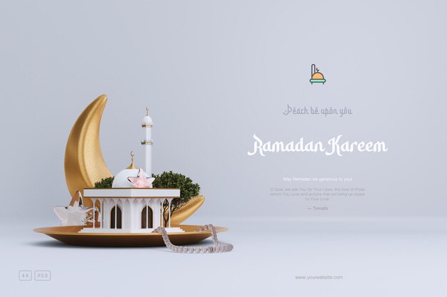 Islamischer Ramadan-Grußhintergrund mit süßer 3D-Moschee und islamischen Halbmond-Ornamenten