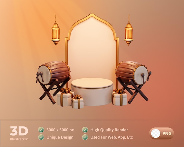 Islamisches Ramadan-Podium mit Bedug, Trommel 3D-Illustration