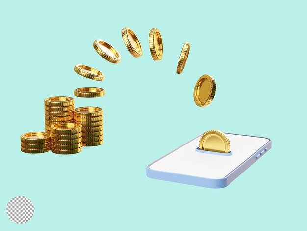 Isolat von goldenen Münzen, die für Geldüberweisungen und Internet-Mobilbanking oder elektronisches Transaktionskonzept durch 3D-Darstellung auf das Smartphone fallen und fliegen
