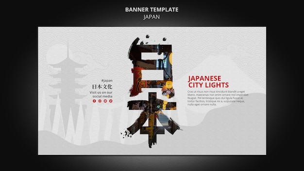Japan-reiseziel horizontale banner-vorlage mit japanischen symbolen