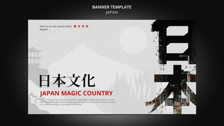 Kostenlose PSD japan-reiseziel horizontale banner-vorlage mit japanischen symbolen