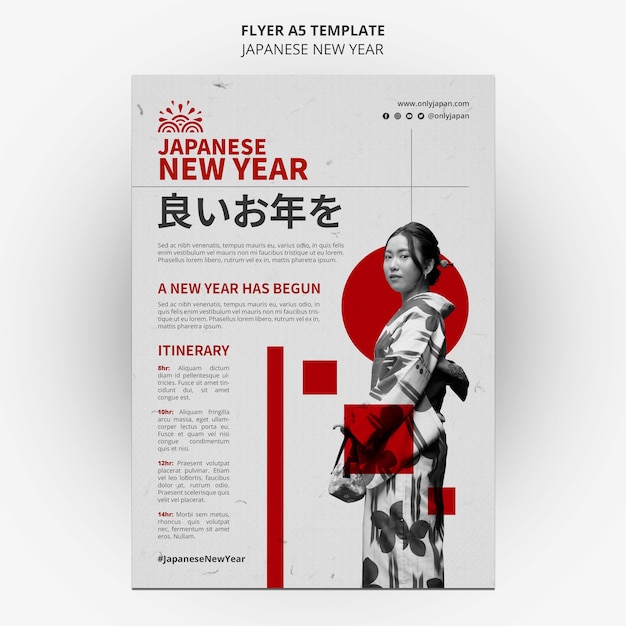 Japanische vertikale flyer-vorlage für das neue jahr mit einer person, die traditionelle kleidung trägt
