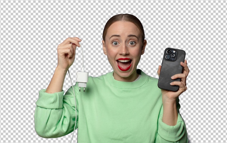Kostenlose PSD junge blonde frau mit einem smartphone-ladegerät