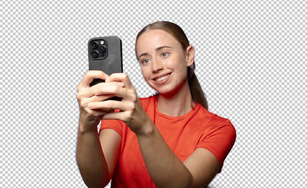 junge blonde Frau mit einem Smartphone