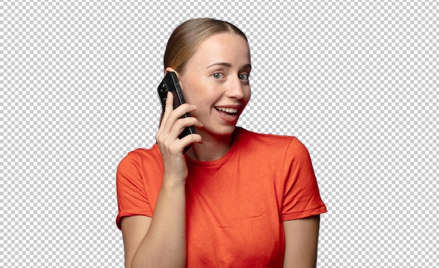 junge blonde Frau mit einem Smartphone