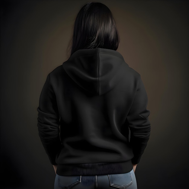 Junge frau in schwarzem hoodie auf dunklem hintergrund