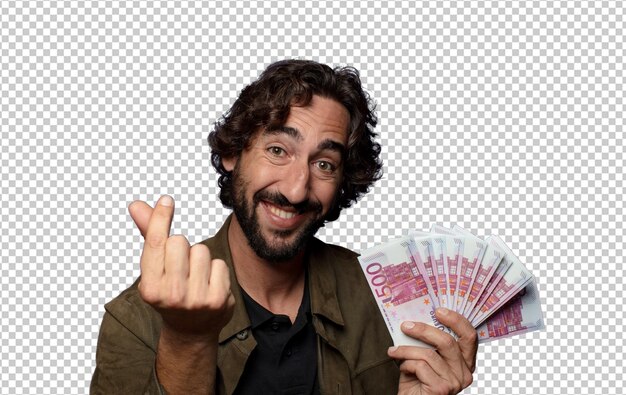 junger bärtiger Mann mit Banknoten