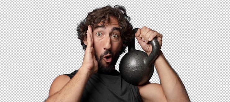 Kostenlose PSD junger bärtiger verrückter fitnessmann sportkonzept