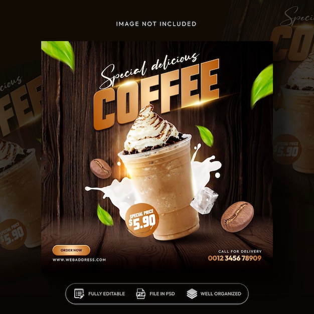 Kostenlose PSD kaffee- und getränkemenu-promotion in sozialen medien instagram-post-banner-vorlage-design