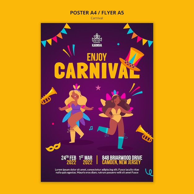 Kostenlose PSD karnevalsplakat oder flache designvorlage des flyers