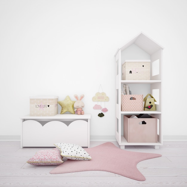 Kinderzimmer mit niedlichen Gegenständen und weißen Möbeln dekoriert