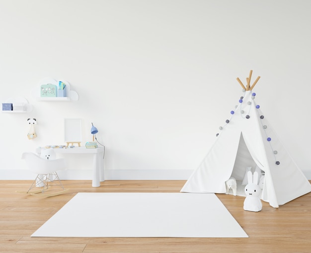 Kinderzimmer mit weißem Teppich und Tipi