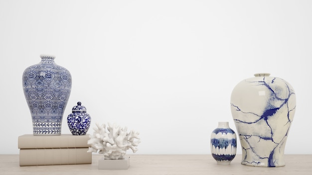Kostenlose PSD klassische vasen für die innenausstattung und weiße wand mit copyspace
