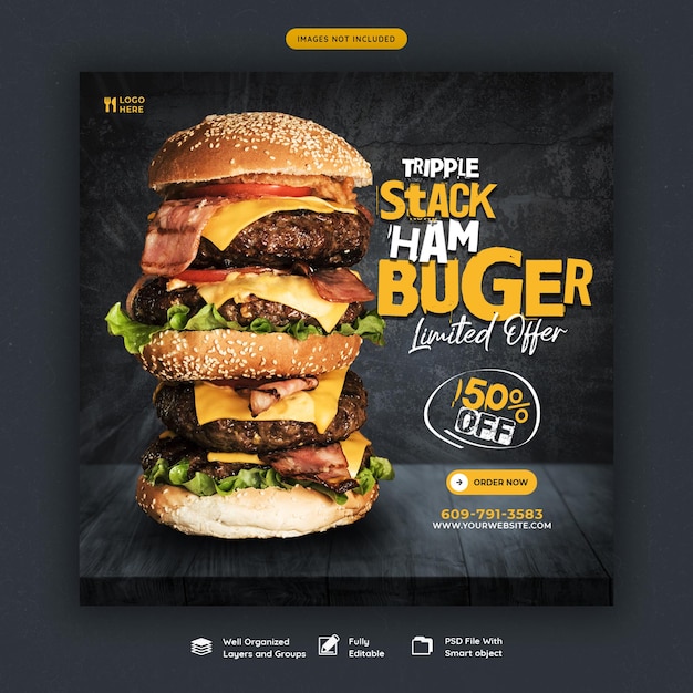 Köstliche Burger und Lebensmittelmenü Social Media Banner Vorlage
