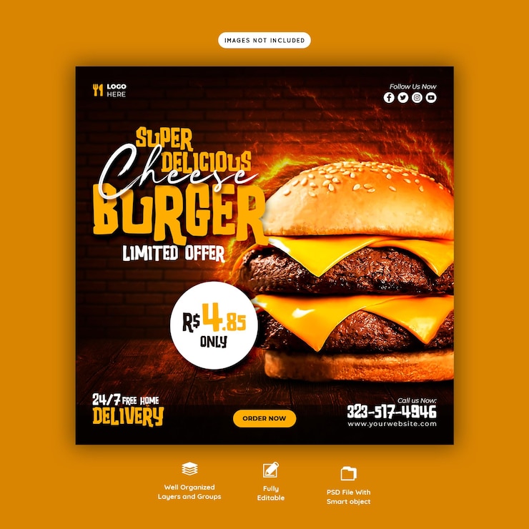 Kostenlose PSD köstliche burger- und lebensmittelmenü-social-media-banner-vorlage