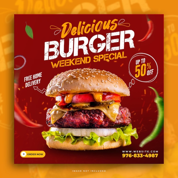 Kostenlose PSD köstliche food-burger-social-media-post-design-vorlage