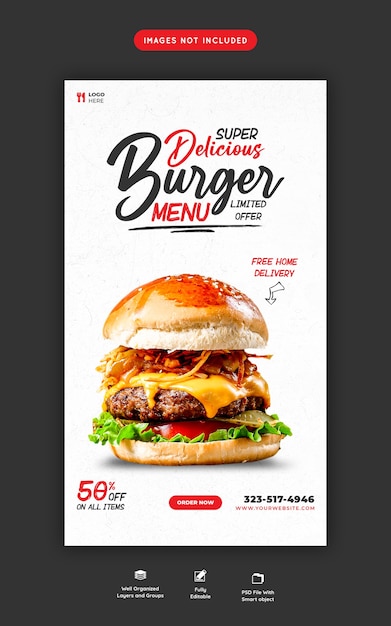 Kostenlose PSD köstliches burger- und food-menü instagram und social media story-vorlage