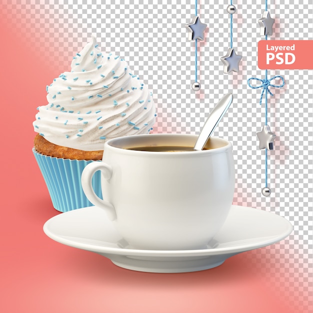 Kostenlose PSD komposition mit weißer kaffeetasse und cupcake