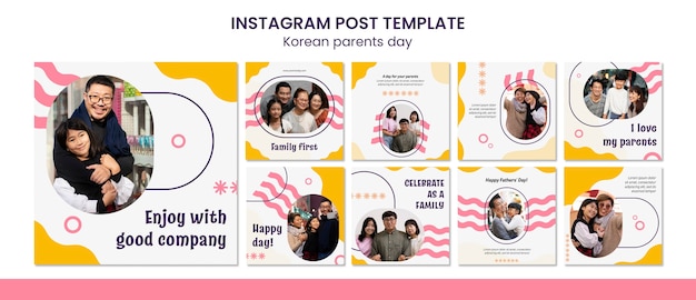 Kostenlose PSD koreanische instagram-beiträge zum elterntag im flachen design