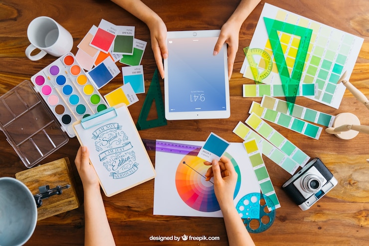 Kostenlose PSD kreativer grafikdesigner mockup mit tablette