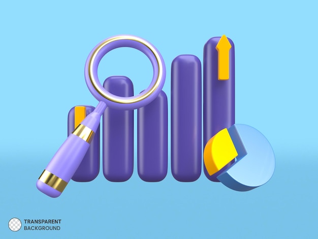 Kostenlose PSD kreisdiagramm mit vergrößerungsglas 3d-darstellung wachstum lager finanzdiagramm suchstrategie
