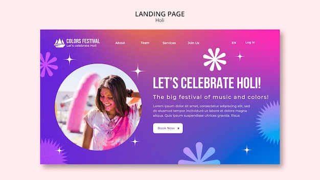 Kostenlose PSD landing page für holi-festfeiern