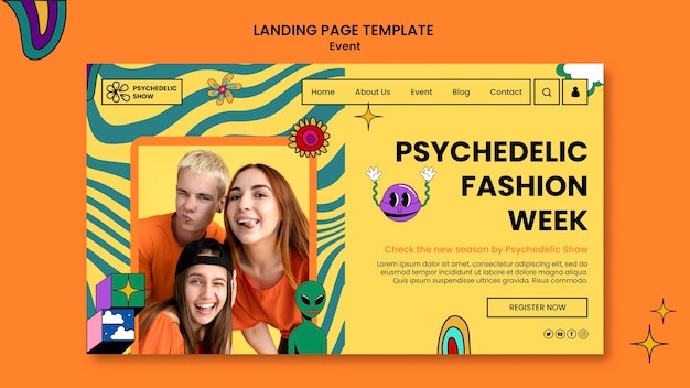 Kostenlose PSD landingpage der psychedelischen fashion week