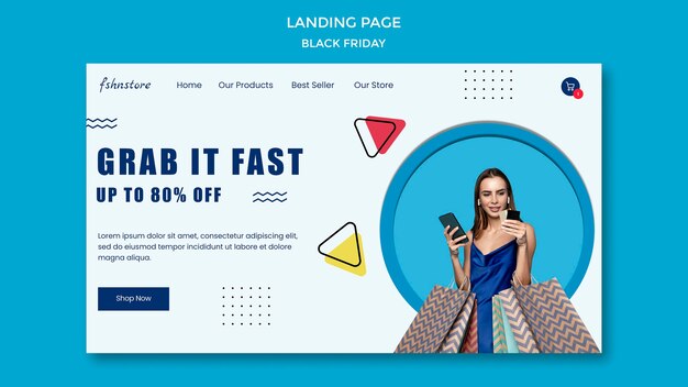 Landingpage für schwarzen Freitag mit Frau und Dreiecken