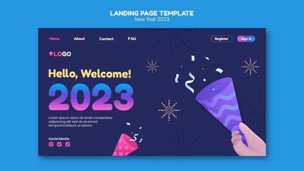 Kostenlose PSD landingpage-vorlage für das neue jahr 2023 mit farbverlauf