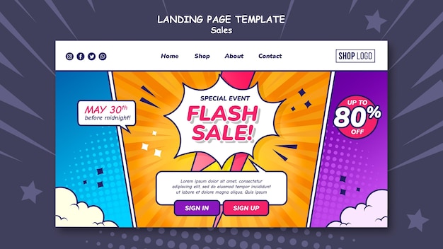 Kostenlose PSD landingpage-vorlage für den verkauf im comic-stil