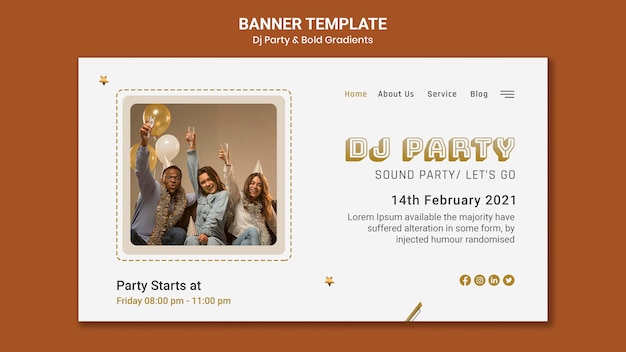 Kostenlose PSD landingpage-vorlage für dj-party mit personen und luftballons