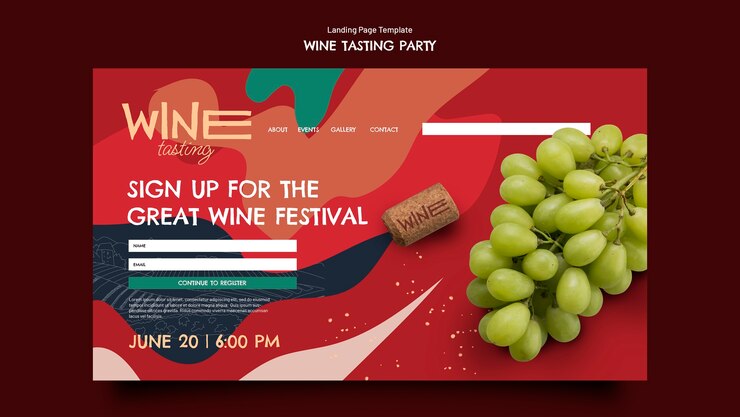 Kostenlose PSD landingpage-vorlage für eine weinverkostungsparty