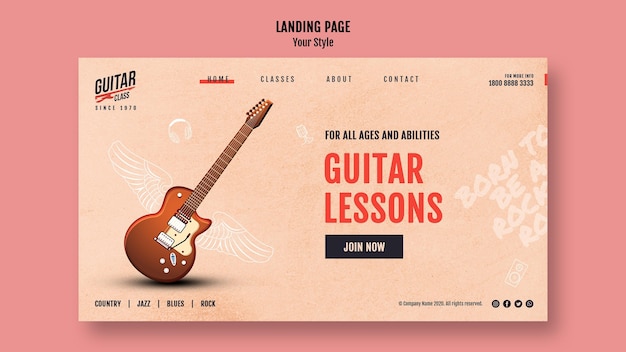 Kostenlose PSD landingpage-vorlage für gitarrenunterricht