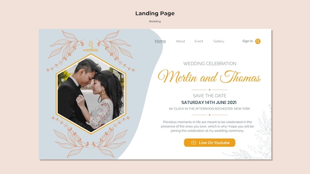 Landingpage-Vorlage für Hochzeitszeremonie mit Braut und Bräutigam