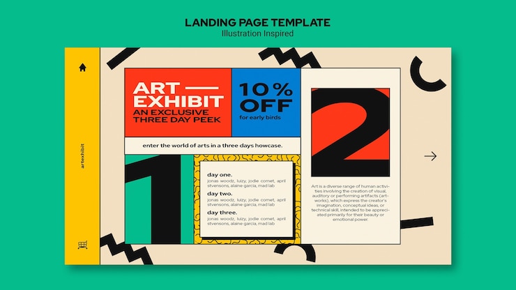 Kostenlose PSD landingpage-vorlage für kunstausstellung