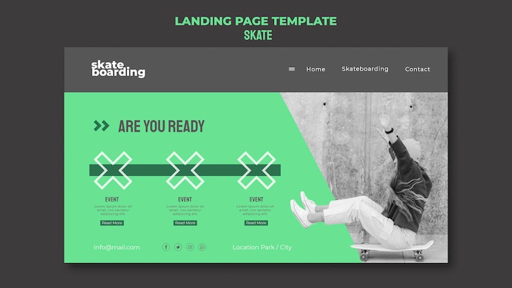 Kostenlose PSD landingpage-vorlage für skateboarding mit skateboarderin