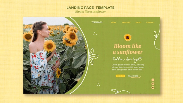 Kostenlose PSD landingpage-vorlage mit sonnenblumen und frau