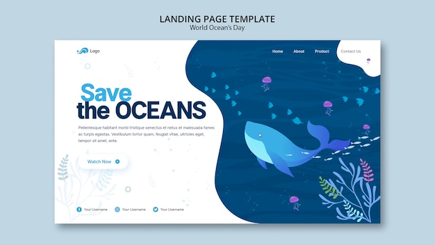 Kostenlose PSD landingpage-vorlage mit weltozean-tag