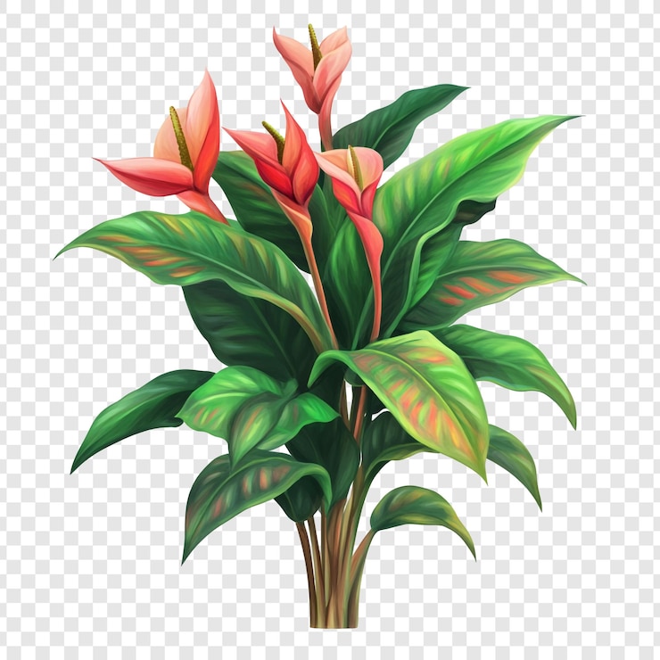 Kostenlose PSD lebendige anthurium-pflanze mit üppigem grünem laub und roten blüten
