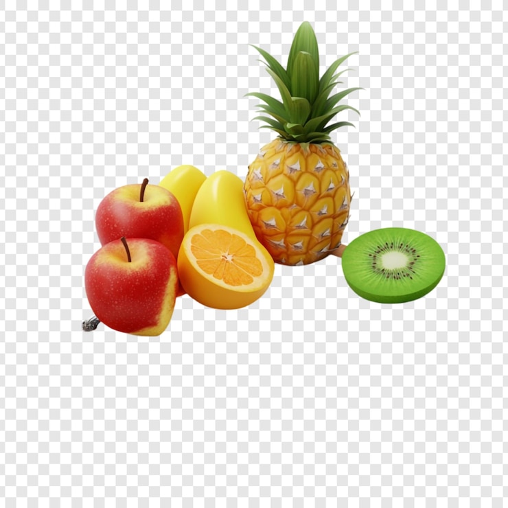 Kostenlose PSD lebendiges tropisches obstarrangement saftige ananas rote äpfel gelbe mangos orangenstücke grüne kiwi erfrischende sommerfreude