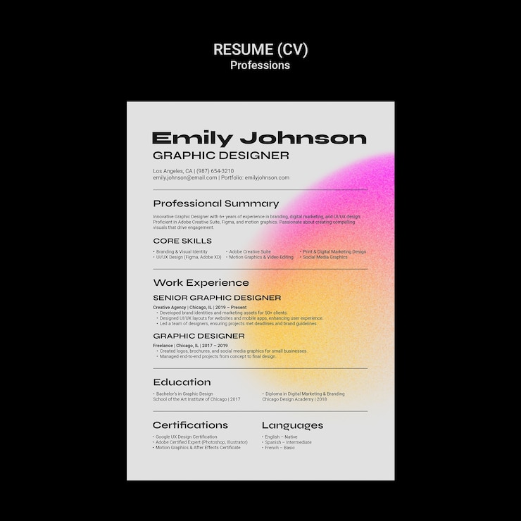 Kostenlose PSD lebenslauf des grafischen designers: emily johnson
