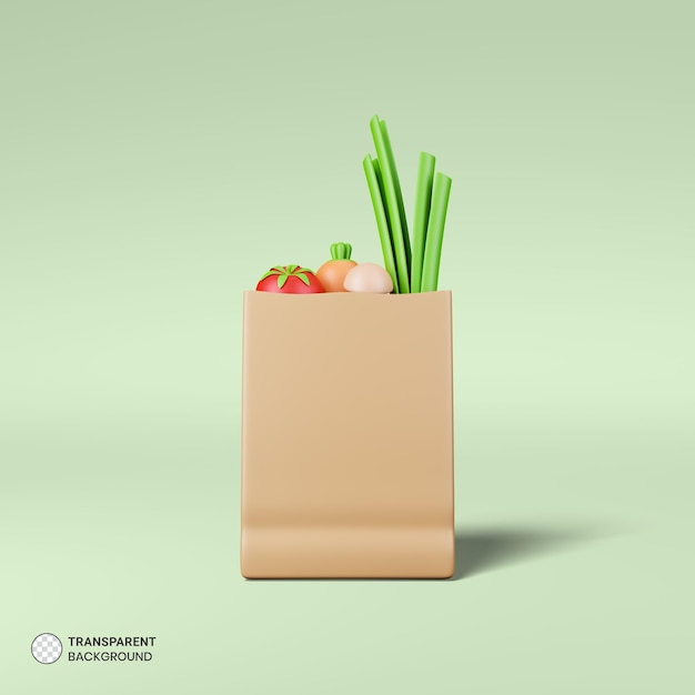 Lebensmittelartikel und Papiertüten-Symbol isoliert 3D-Render-Illustration