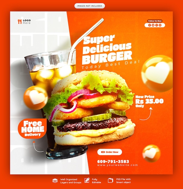 Leckeres burger- und speise-menü social-media-banner oder instagram-post-vorlage