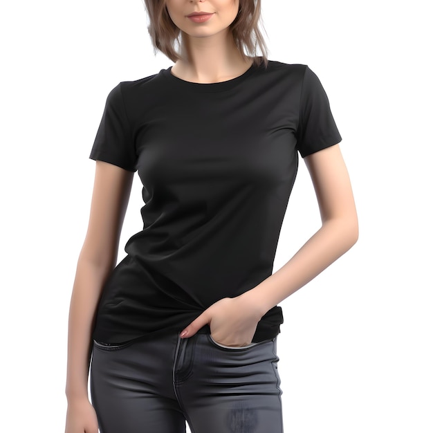 Kostenlose PSD leer schwarzes t-shirt-mockup auf weiblichem modell, isoliert auf weißem hintergrund
