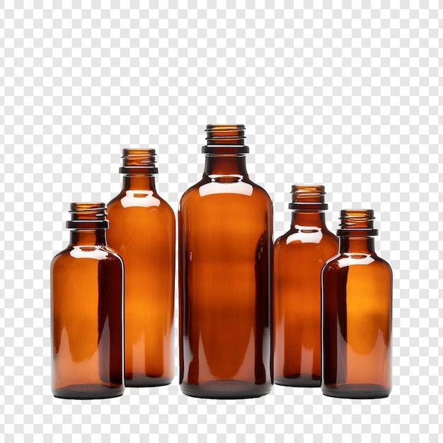 Leere medizinische flaschen aus braunem glas, isoliert auf transparentem hintergrund