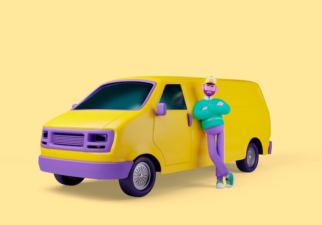 Lieferung 3D-Illustration mit Person, die sich an den Lieferwagen lehnt