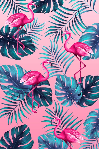 Lustiger tropischer druck in der handgemalten art mit rosa flamingo