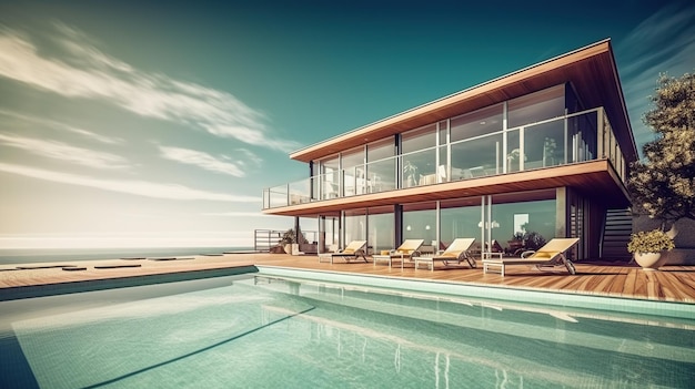 Luxuriöses, modernes strandhaus mit meerblick, generative ki